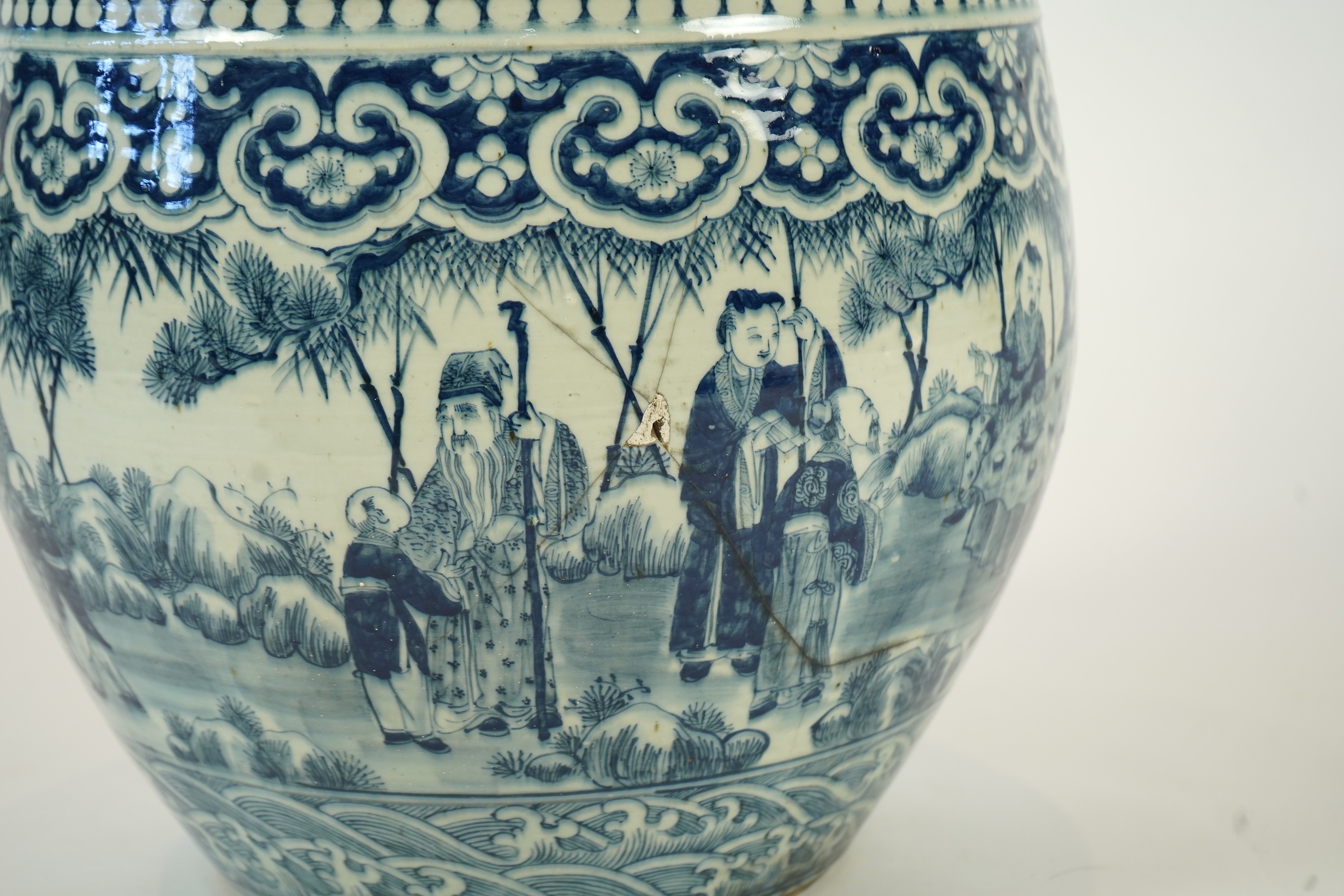 A large Chinese blue and white ‘sages’ fish bowl, early 20th century